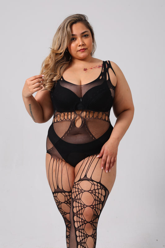 Black Seamless Mesh Bodysuit Lingerie with Leg Weave
