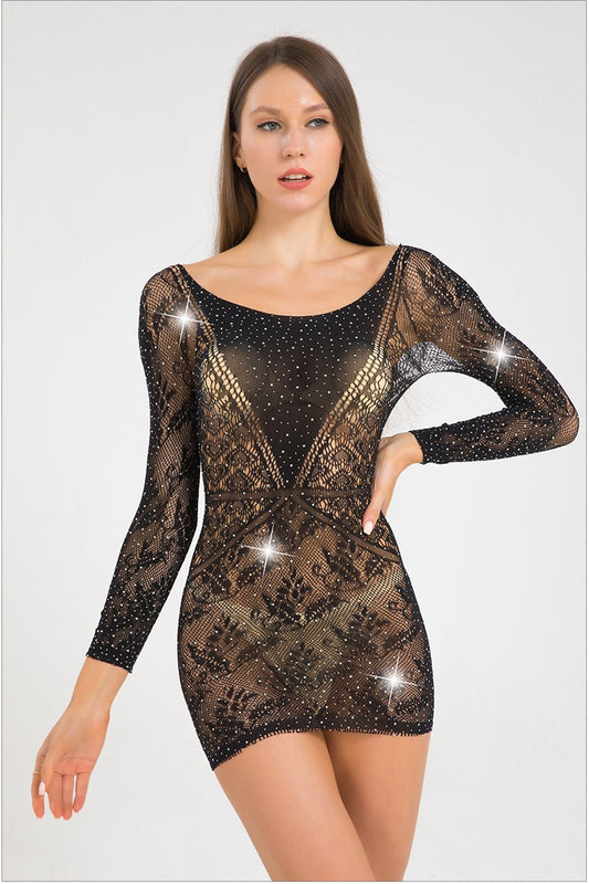 Black Lace Crystal-Embellished Bodycon Lingerie Dress